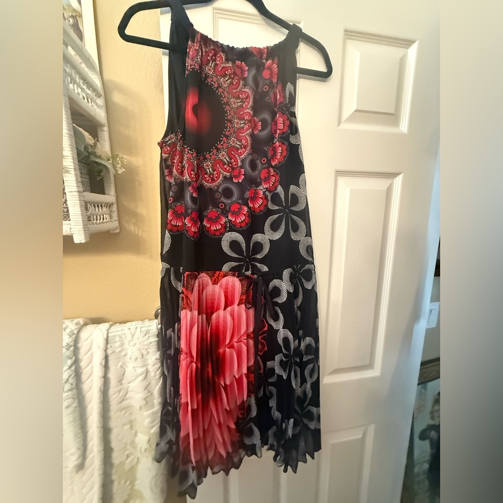 Desigual Halter Top Dress - Black and Red Floral With Pleated Skrt